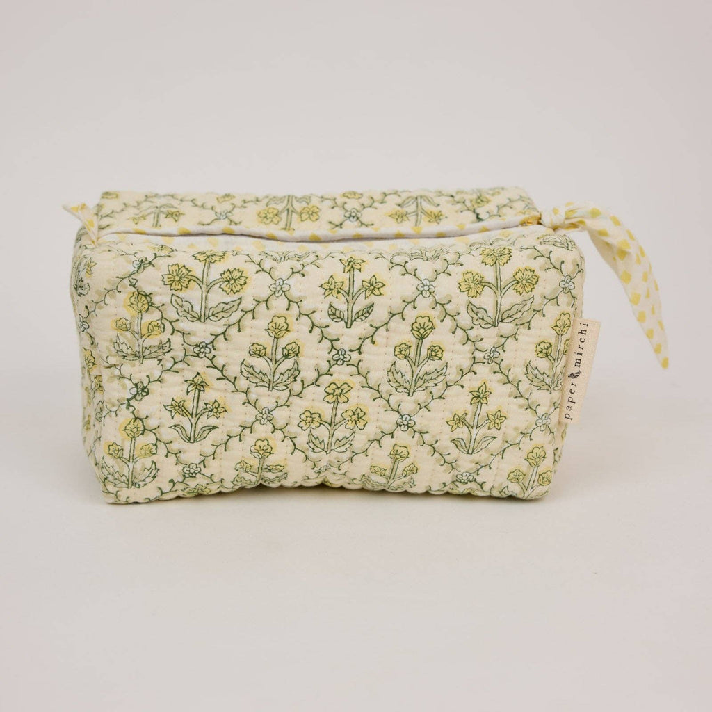 hand block print quilted toiletry bag medium floral lattice buttercream organic cotton