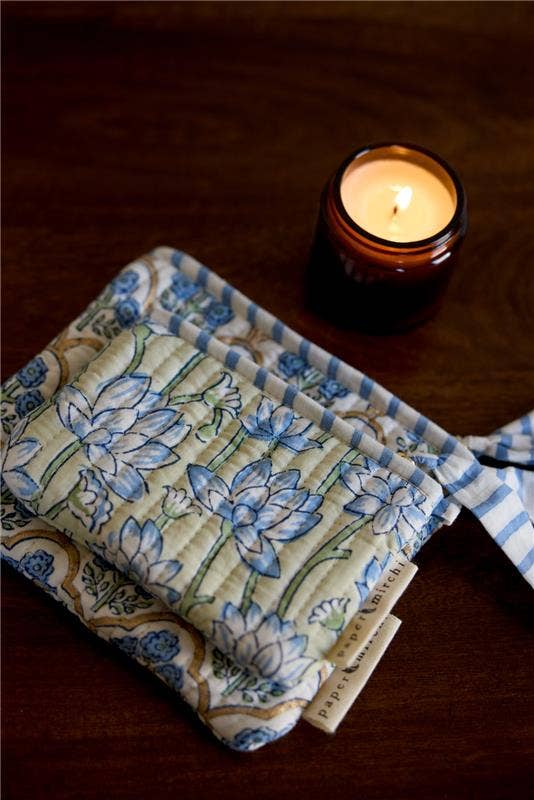 hand block print zipped pouch set organic cotton floral indigo India Paper Mirchi