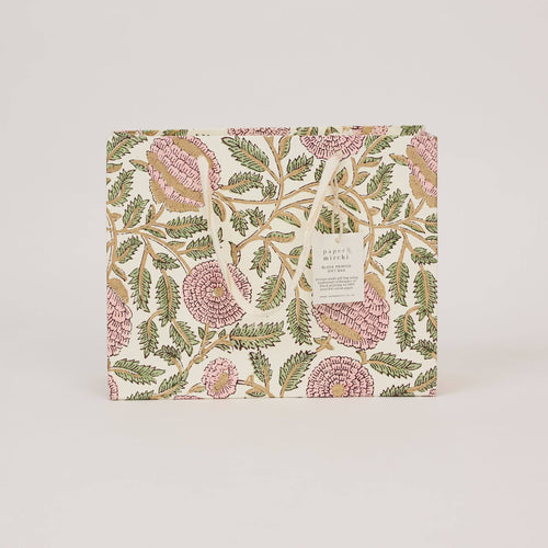 hand block print gift bags medium blush recycled cotton paper Paper Mirchi India