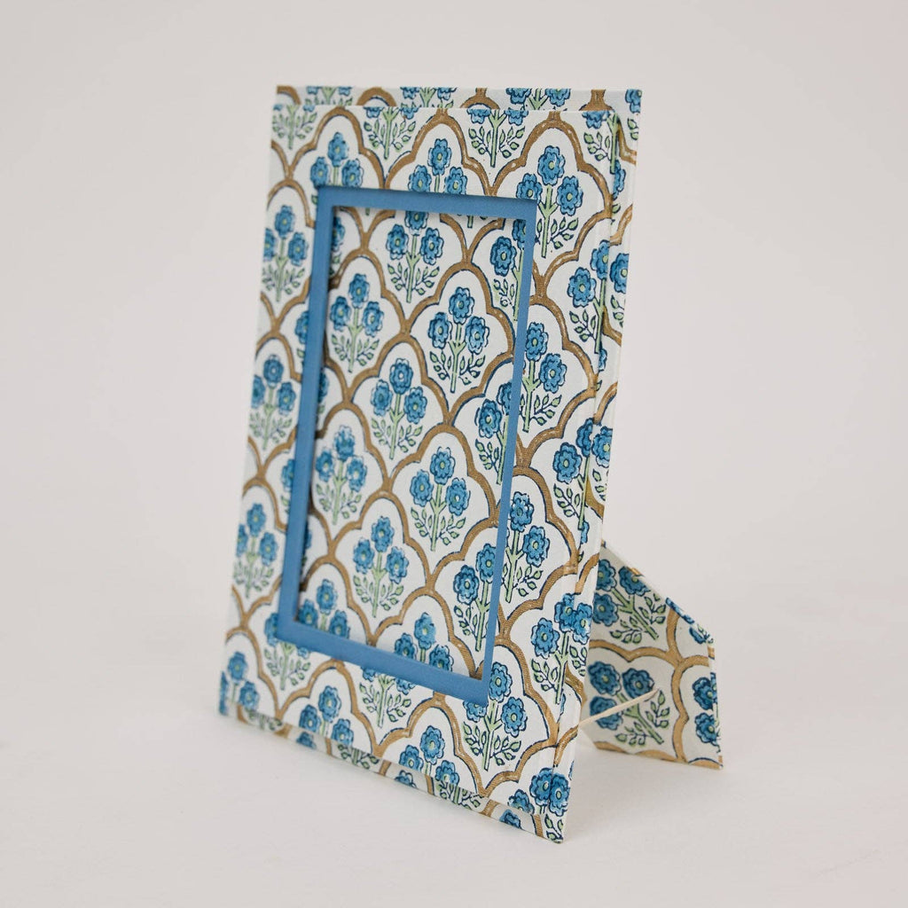 hand block print picture frame 5x7 trellis indigo recycled cotton paper India