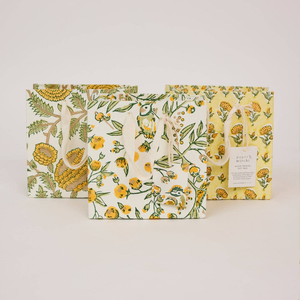 hand block print gift bags small sunshine recycled cotton paper Paper Mirchi India
