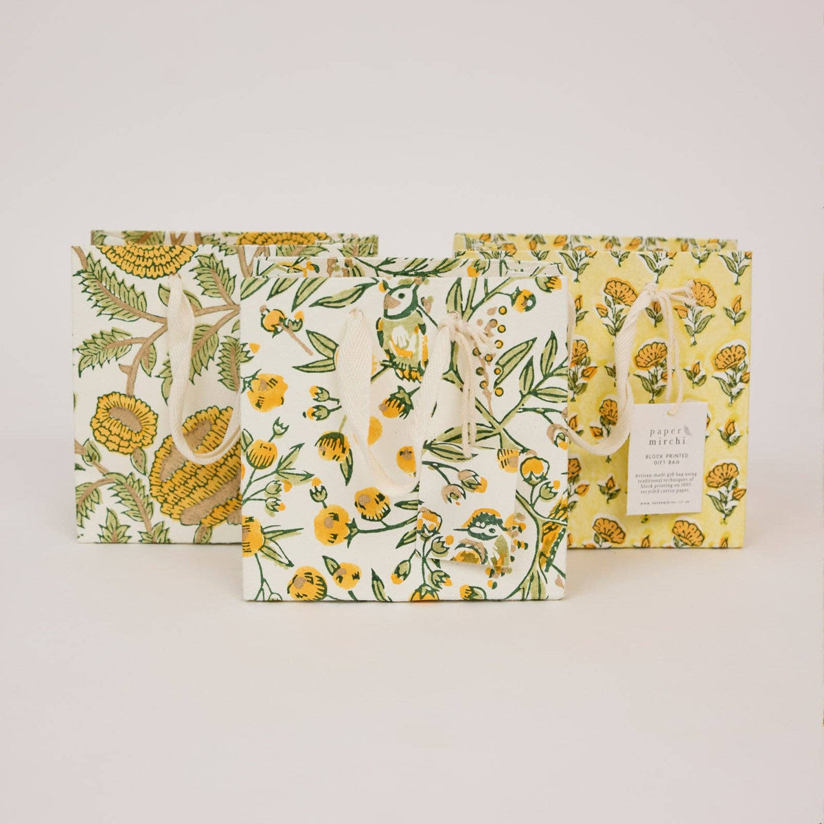 hand block print gift bags small sunshine recycled cotton paper Paper Mirchi India