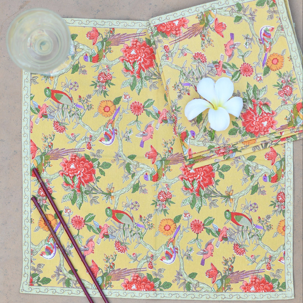 hand block print napkin set 6 bird yellow cotton artisan The Shop India India