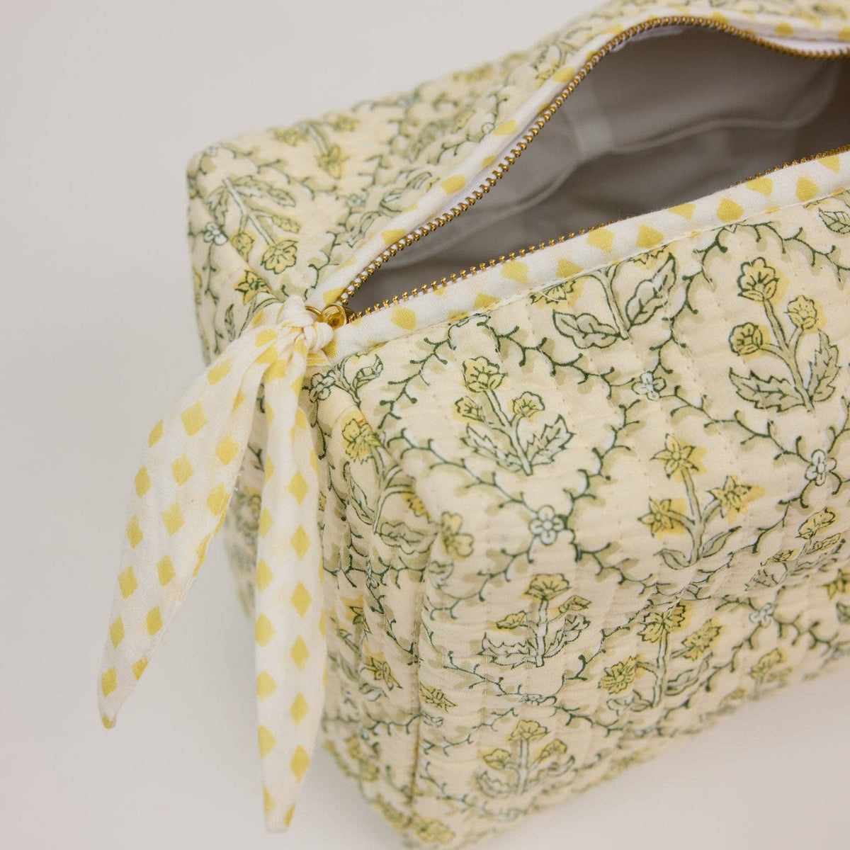 hand block print quilted toiletry bag large floral lattice buttercream organic cotton
