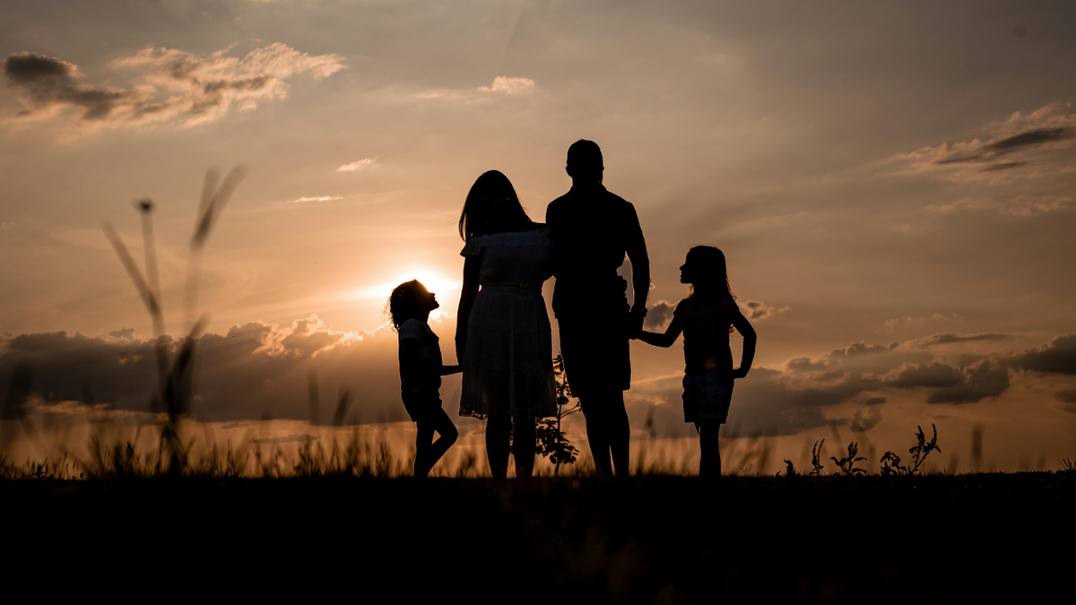 Silhouetted family of four standing together in a field at sunset, with the sun low on the horizon and clouds in the sky.