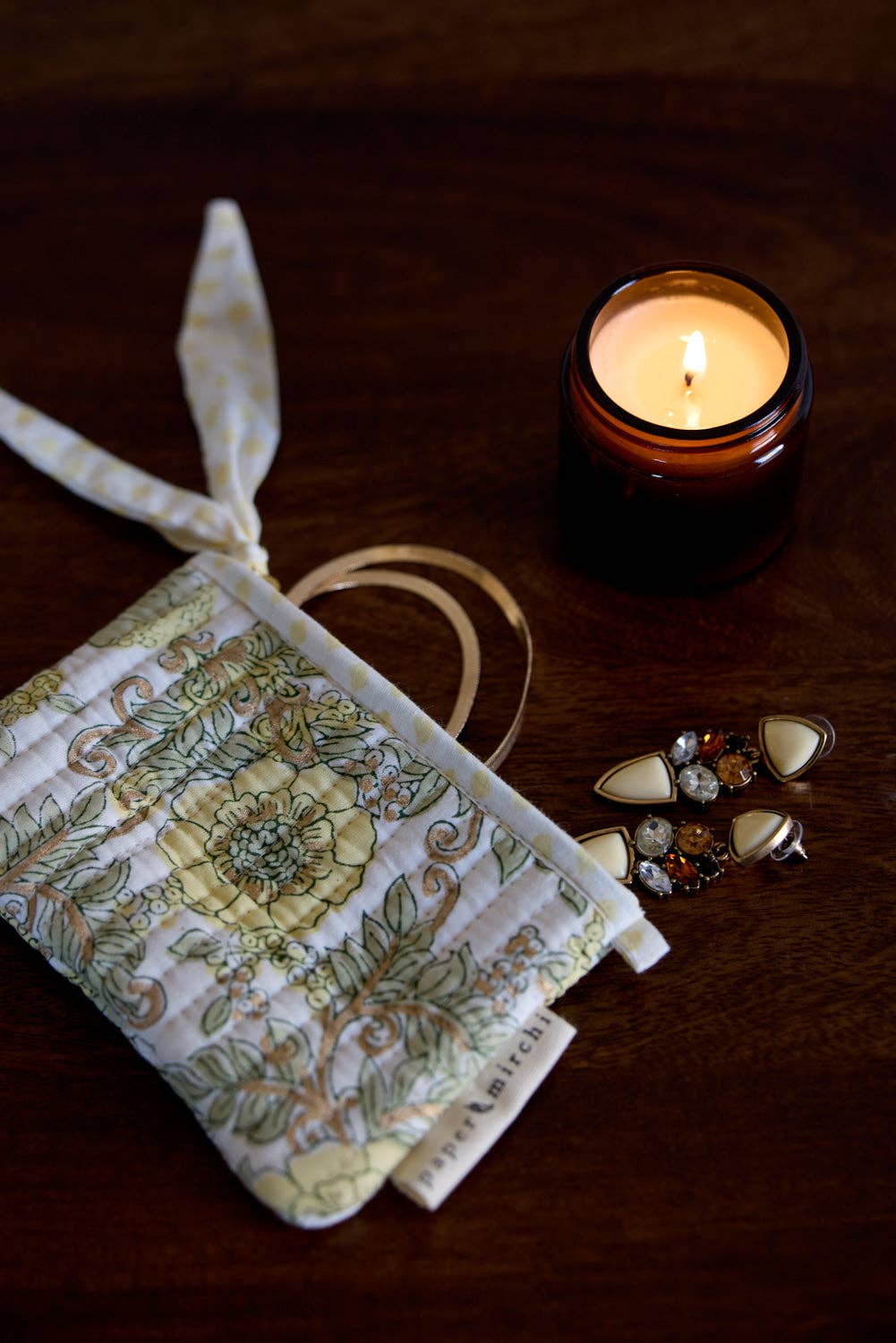hand block print zipped pouch set organic cotton floral buttercream India Paper Mirchi