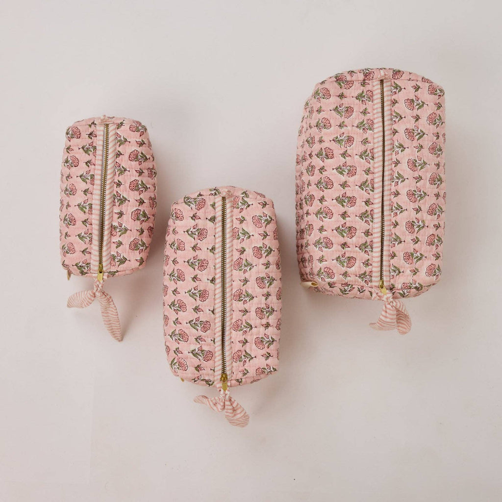 hand block print quilted toiletry bag large ditsy floral blush organic cotton India