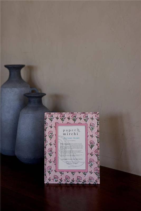 hand block print picture frame 4x6 ditsy floral blush recycled cotton paper India