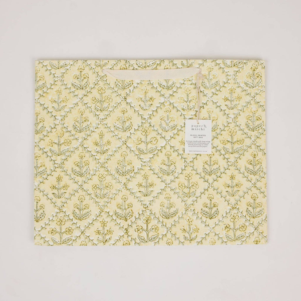 hand block print gift bags large buttercream recycled cotton paper Paper Mirchi India