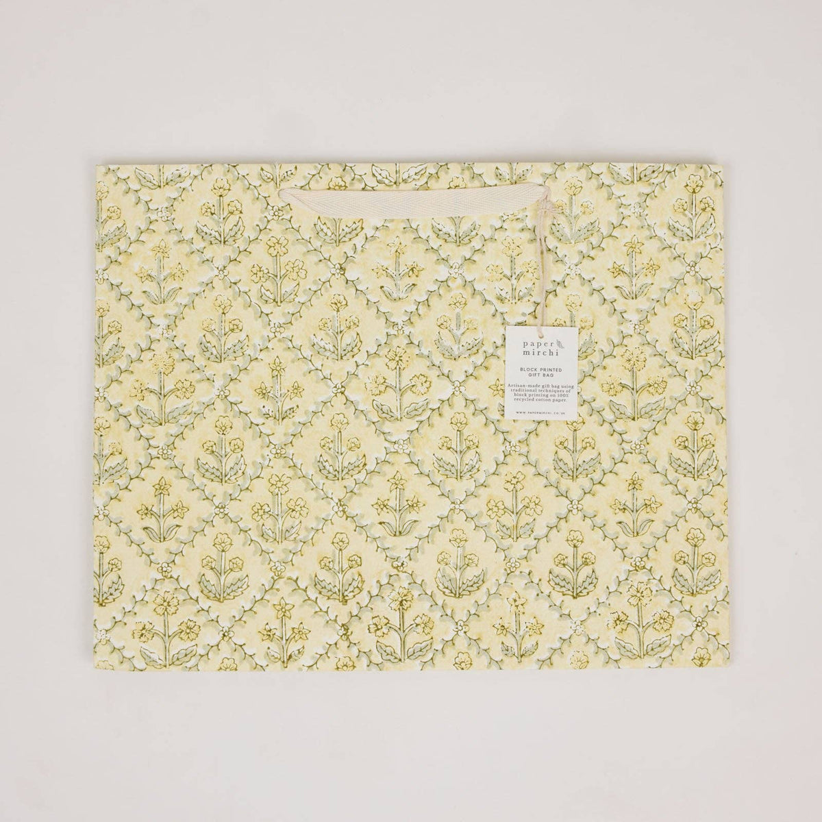 hand block print gift bags large buttercream recycled cotton paper Paper Mirchi India