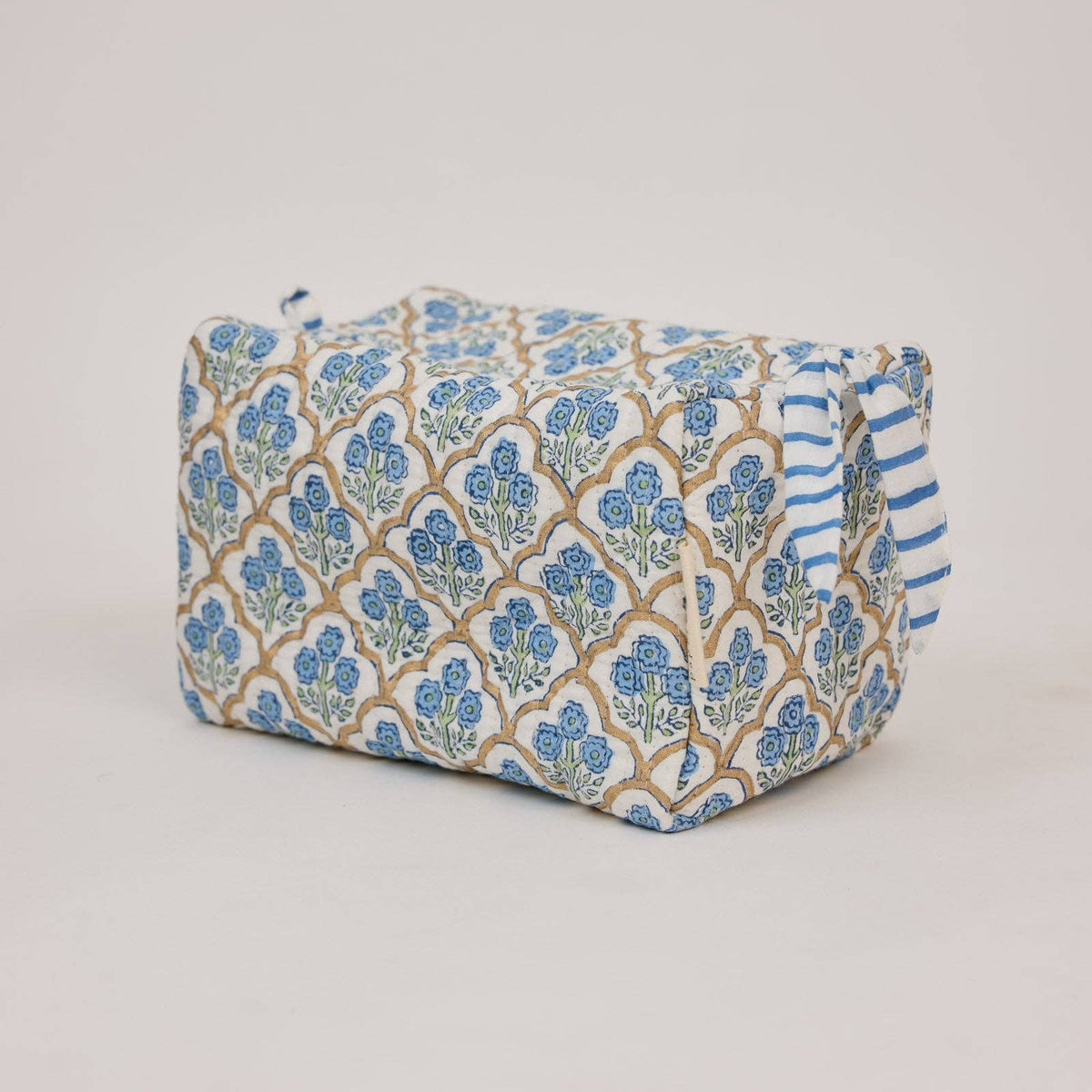 hand block print quilted toiletry bag large trellis indigo organic cotton India