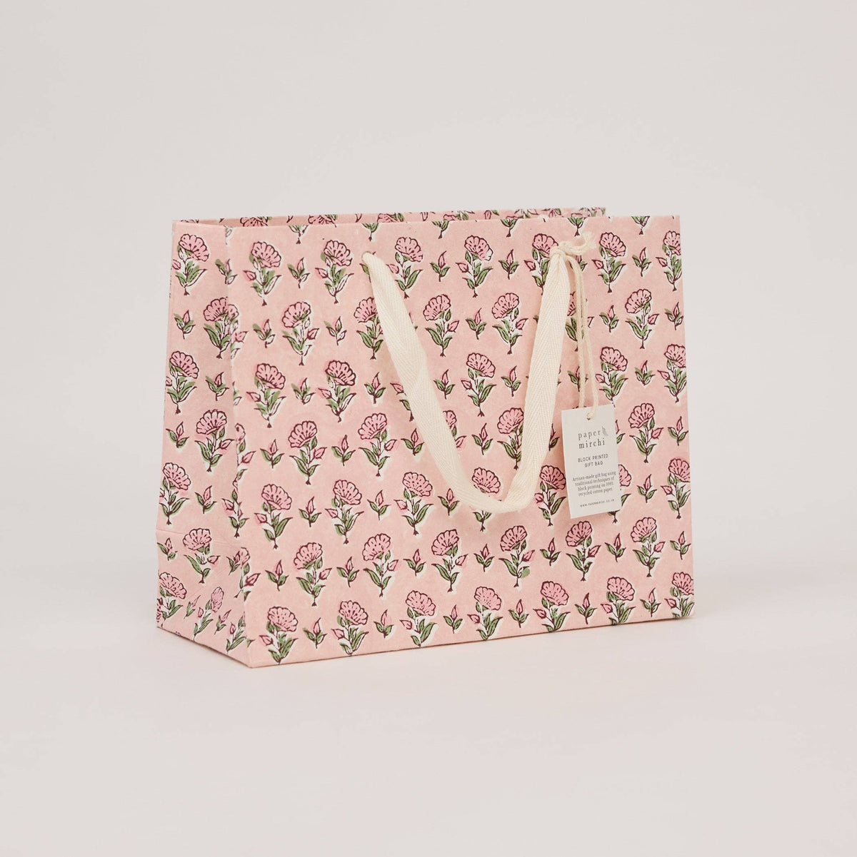 hand block print gift bags medium blush recycled cotton paper Paper Mirchi India