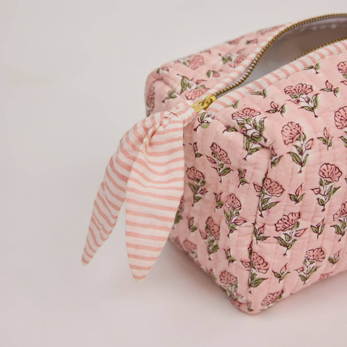 hand block print quilted toiletry bag medium ditsy floral blush organic cotton India