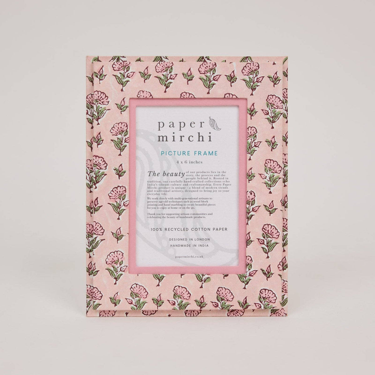 hand block print picture frame 4x6 ditsy floral blush recycled cotton paper India