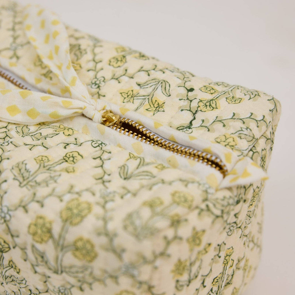hand block print quilted toiletry bag medium floral lattice buttercream organic cotton