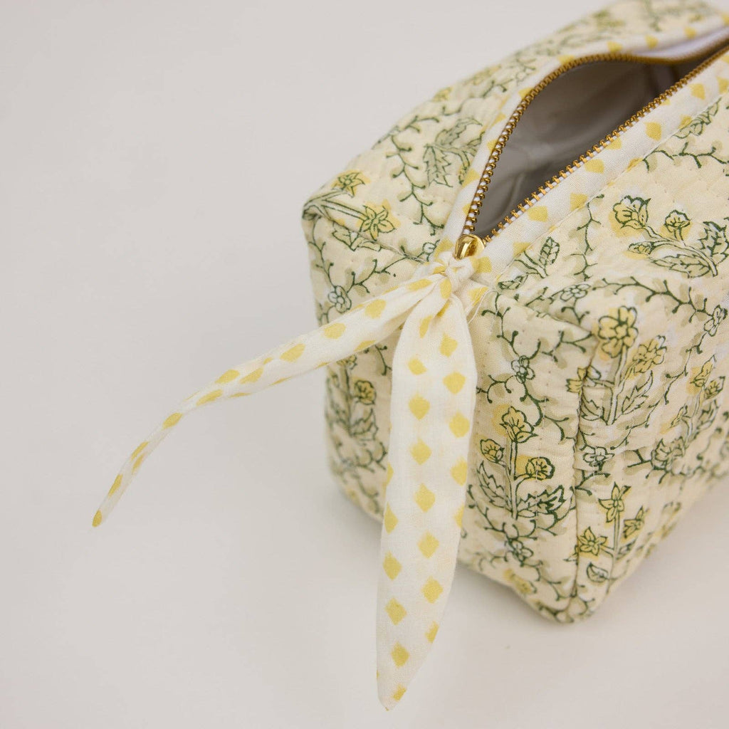 hand block print quilted toiletry bag small floral lattice buttercream organic cotton
