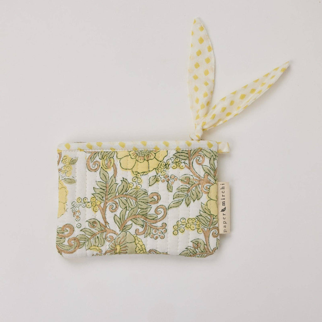 hand block print zipped pouch set organic cotton floral buttercream India Paper Mirchi