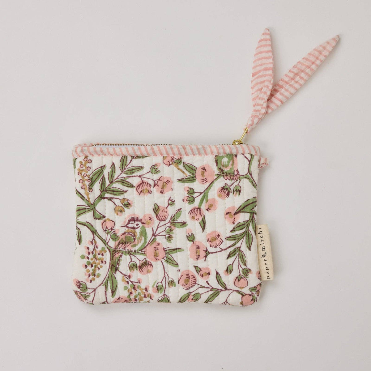 hand block print zipped pouch set organic cotton floral blush India Paper Mirchi