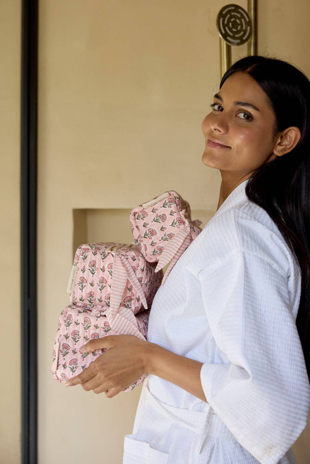 hand block print quilted toiletry bag medium ditsy floral blush organic cotton India