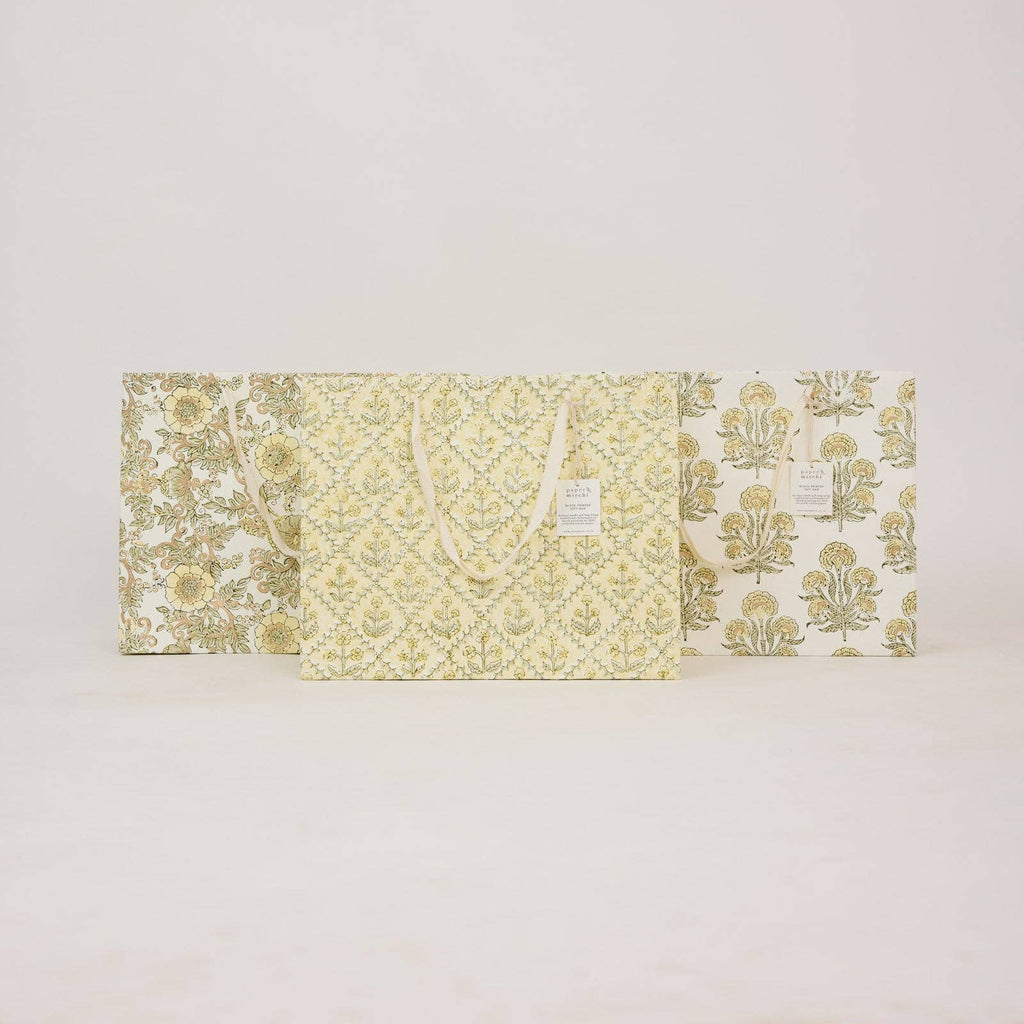 hand block print gift bags large buttercream recycled cotton paper Paper Mirchi India