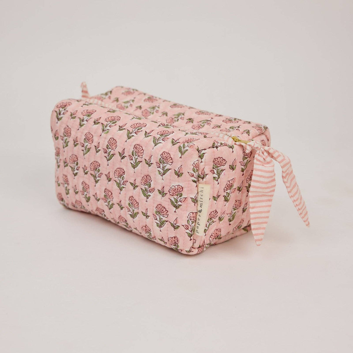 hand block print quilted toiletry bag medium ditsy floral blush organic cotton India
