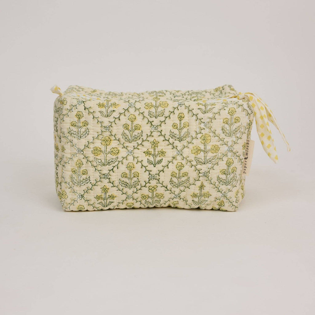 hand block print quilted toiletry bag large floral lattice buttercream organic cotton