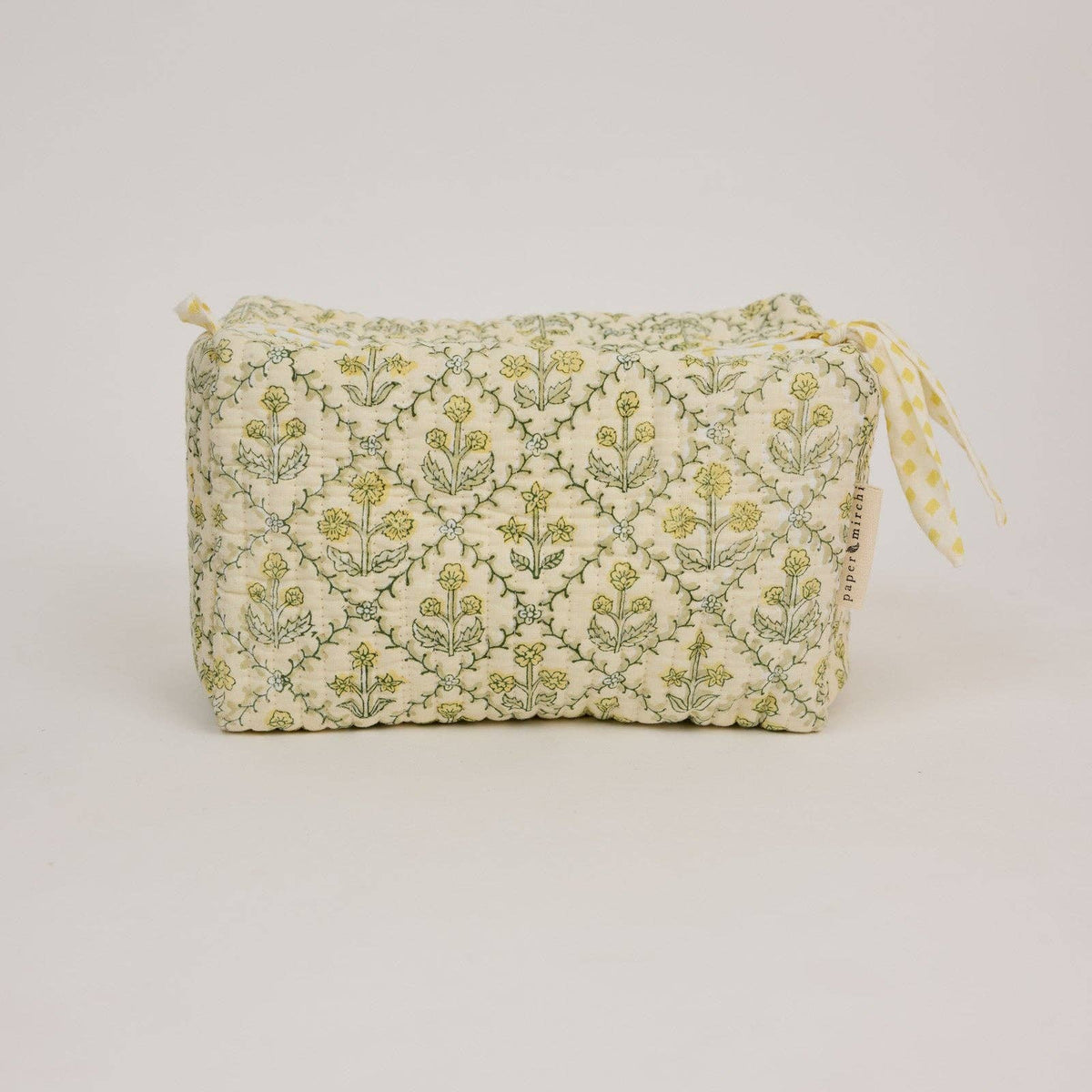 hand block print quilted toiletry bag large floral lattice buttercream organic cotton
