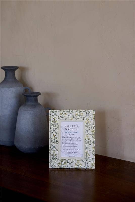hand block print picture frame 4x6 floral lattice buttercream recycled cotton paper India