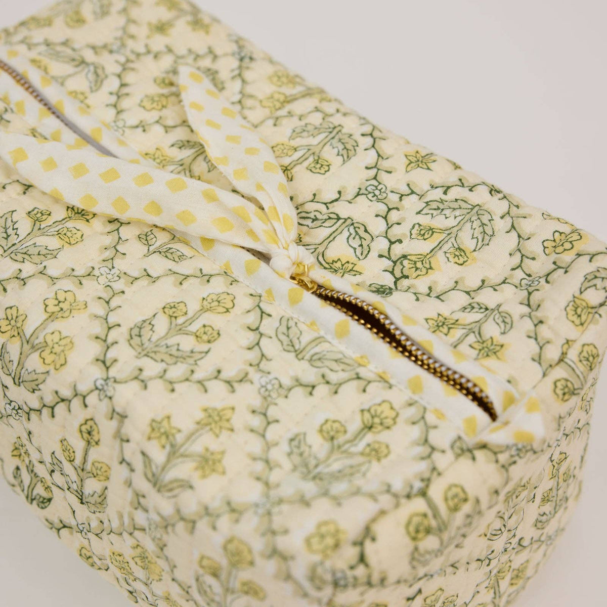 hand block print quilted toiletry bag large floral lattice buttercream organic cotton