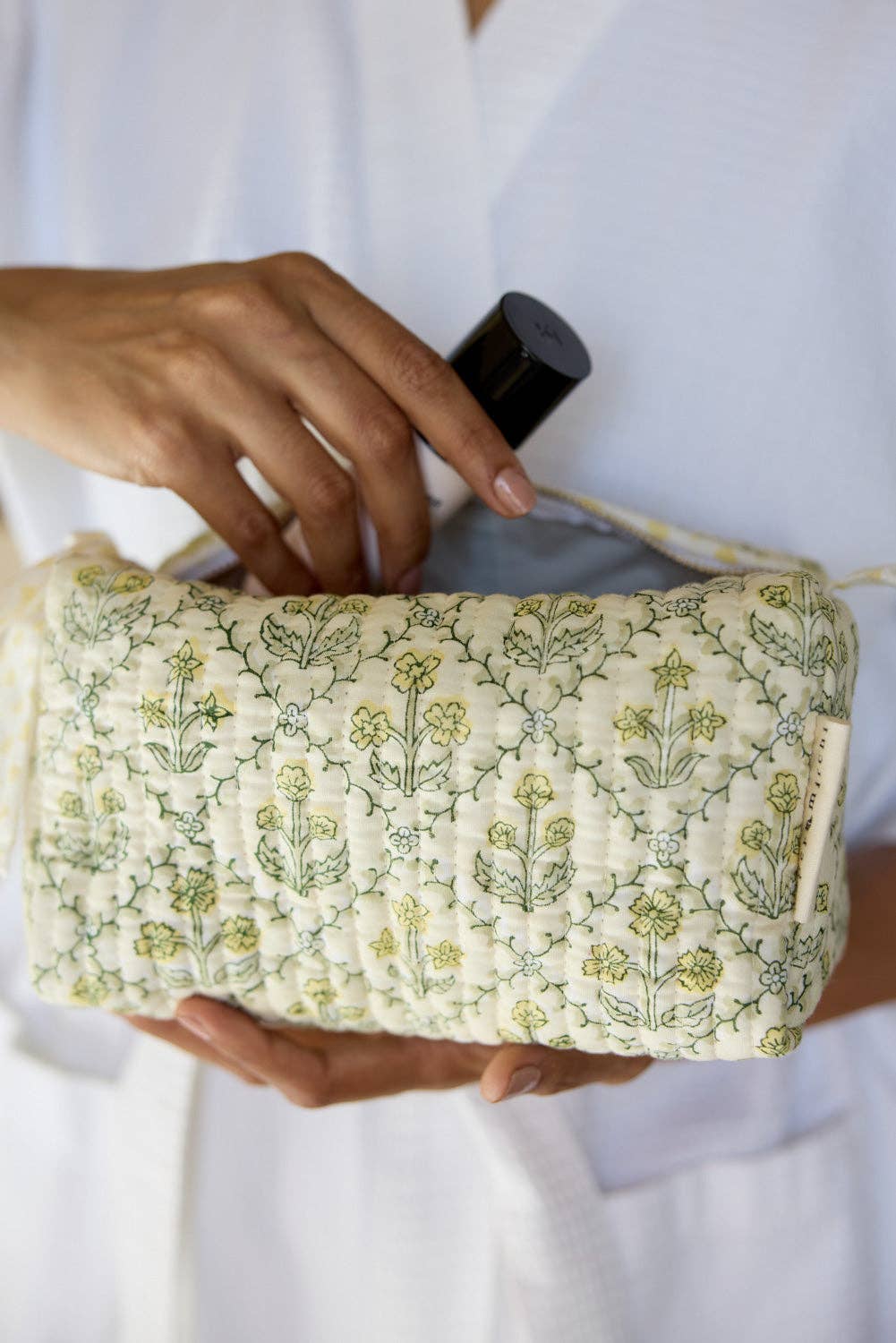 hand block print quilted toiletry bag medium floral lattice buttercream organic cotton