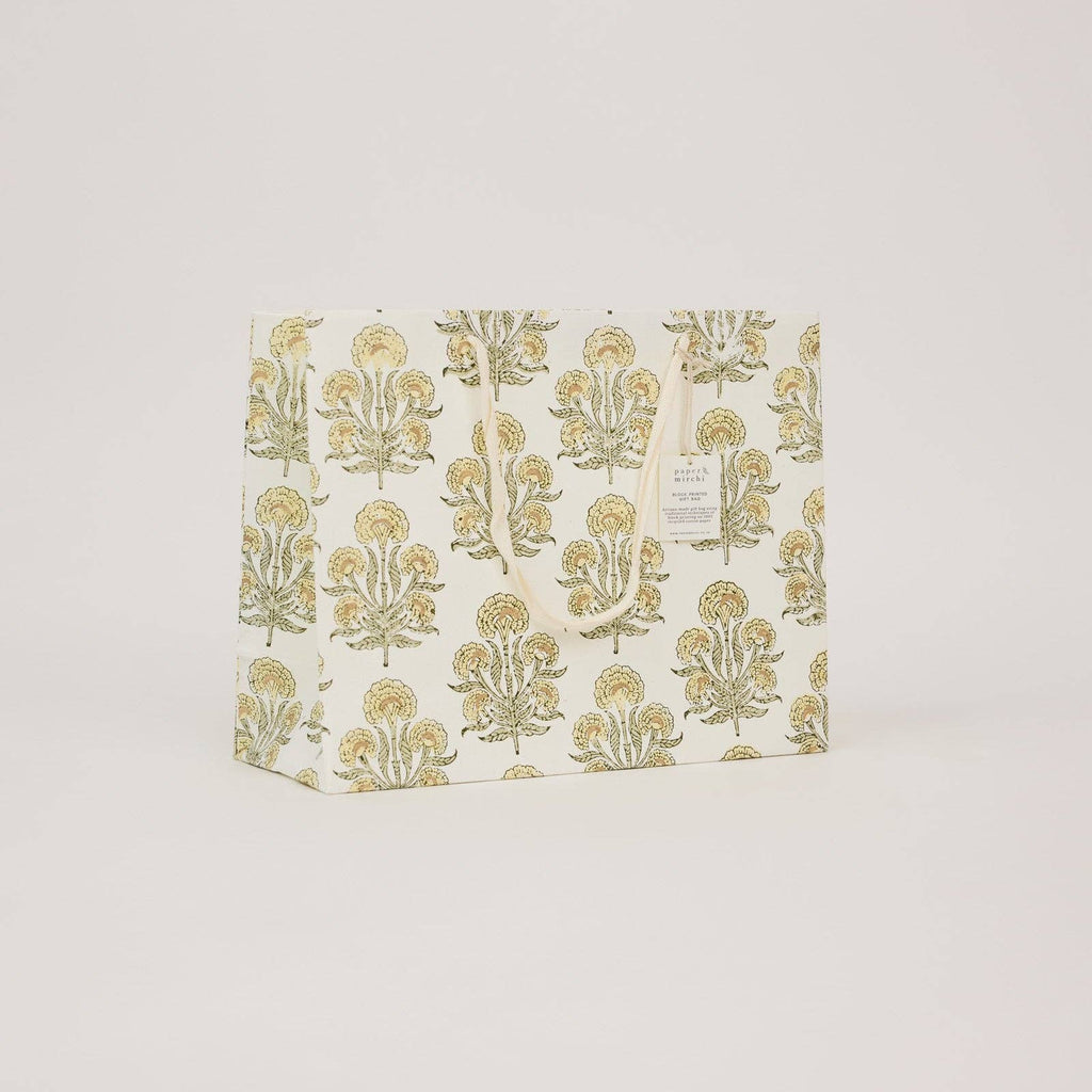 hand block print gift bags large buttercream recycled cotton paper Paper Mirchi India