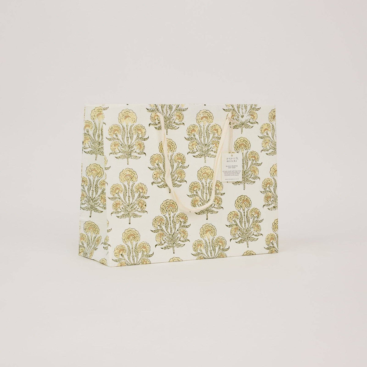 hand block print gift bags large buttercream recycled cotton paper Paper Mirchi India