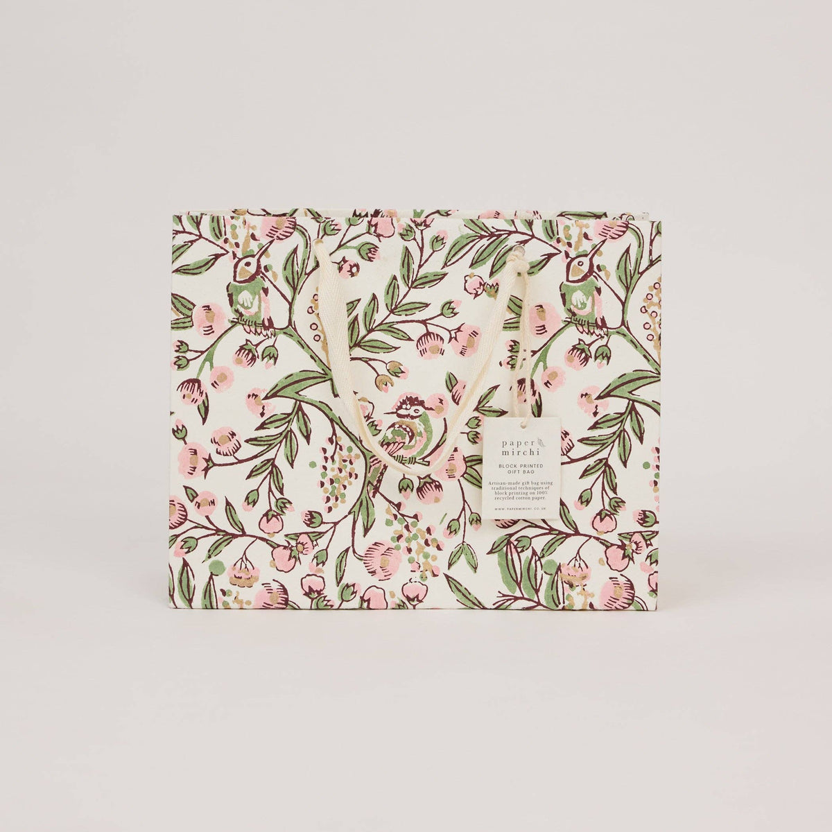 hand block print gift bags medium blush recycled cotton paper Paper Mirchi India