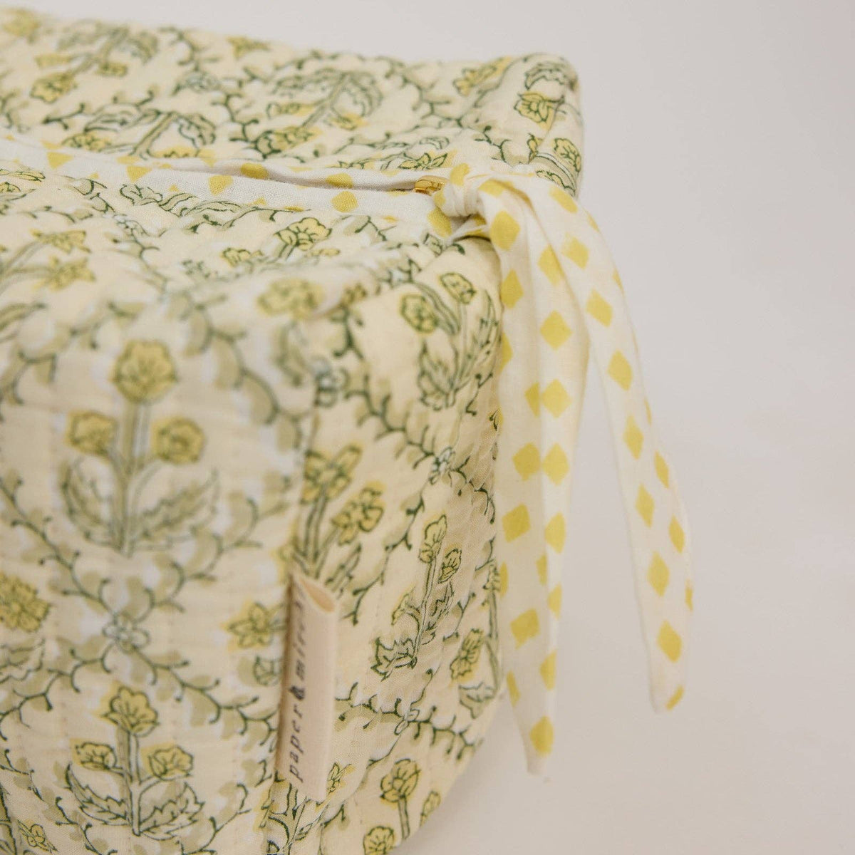 hand block print quilted toiletry bag large floral lattice buttercream organic cotton