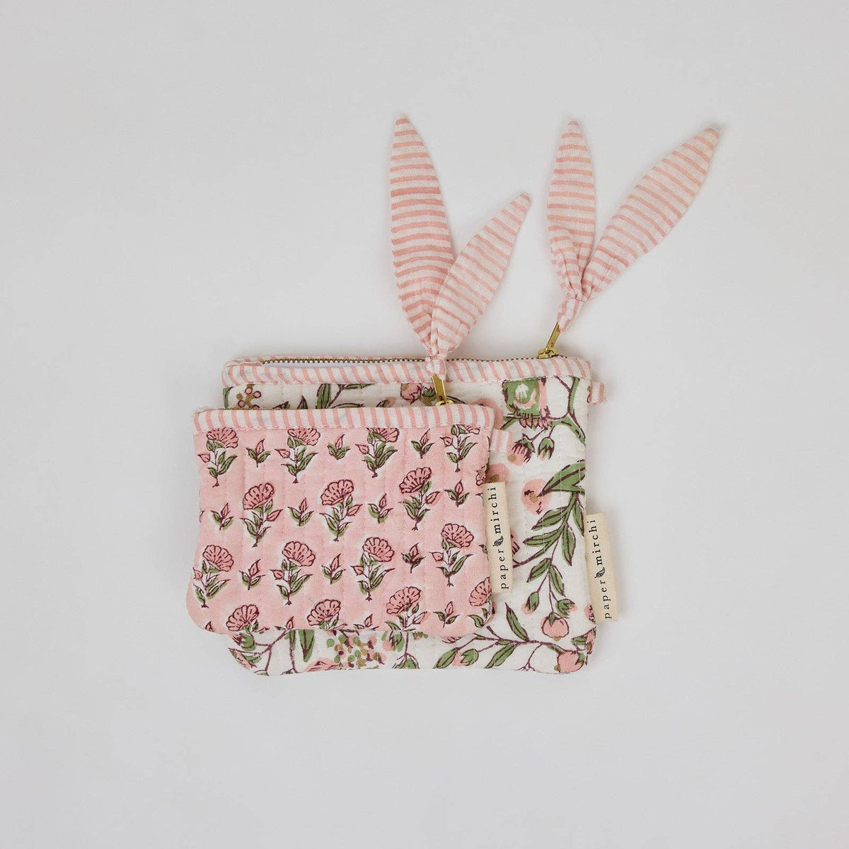 hand block print zipped pouch set organic cotton floral blush India Paper Mirchi