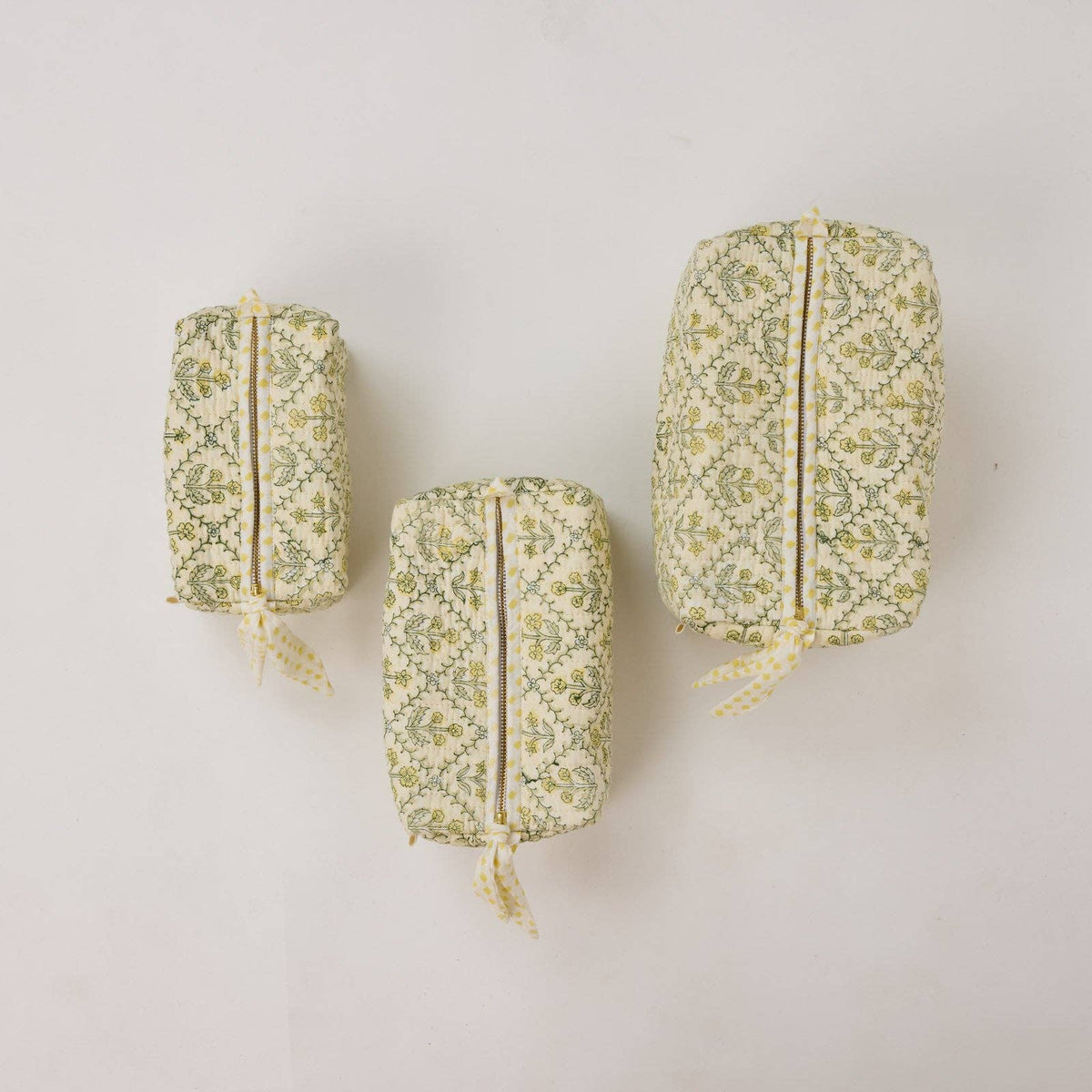 hand block print quilted toiletry bag large floral lattice buttercream organic cotton