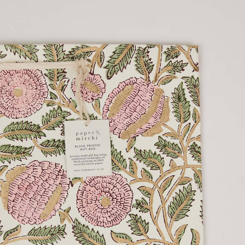 hand block print gift bags medium blush recycled cotton paper Paper Mirchi India