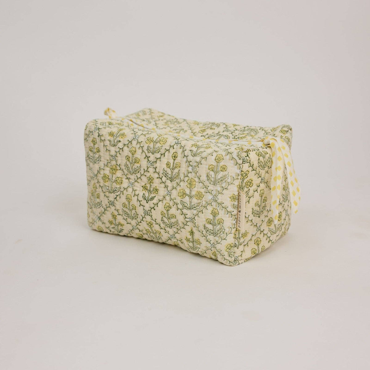 hand block print quilted toiletry bag large floral lattice buttercream organic cotton
