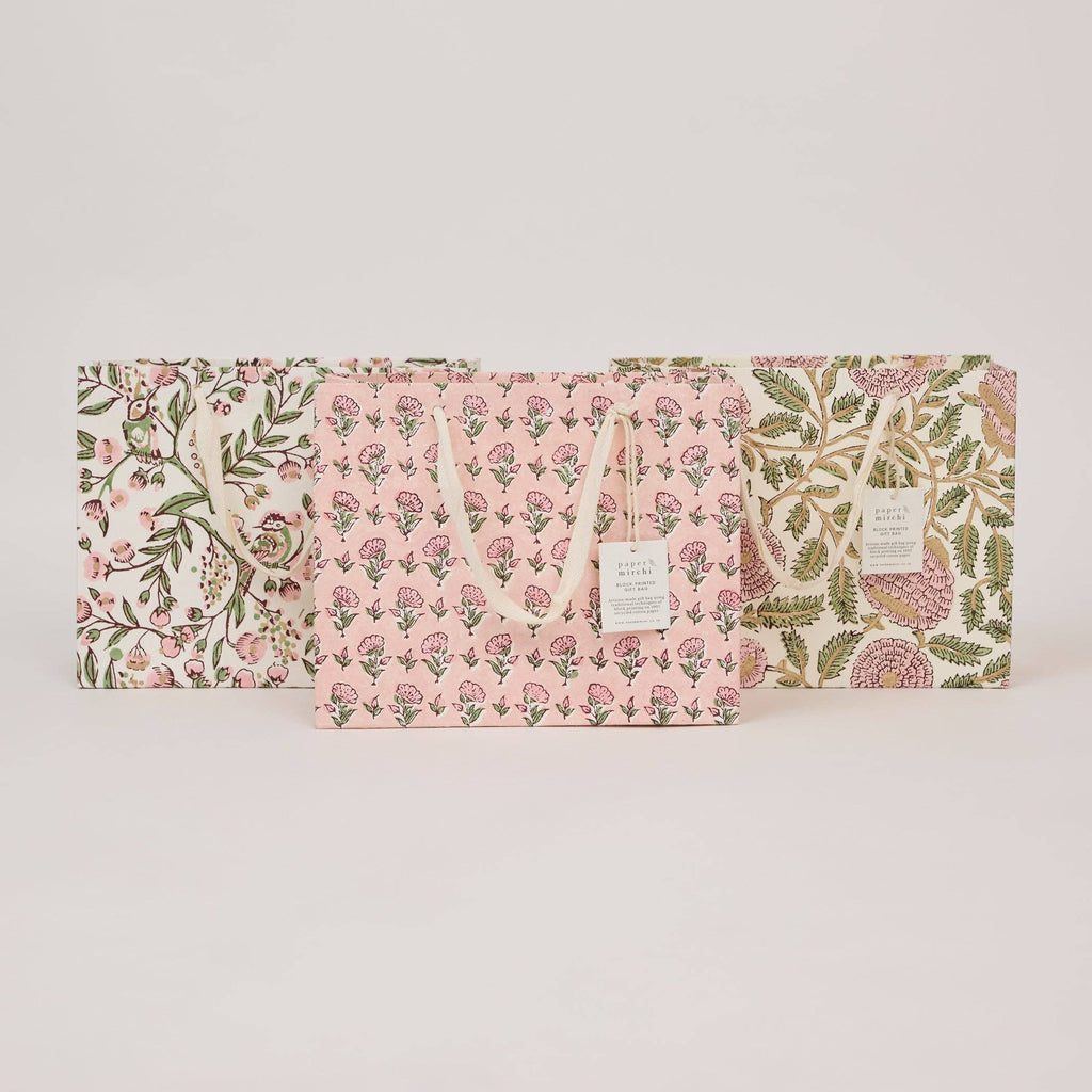 hand block print gift bags medium blush recycled cotton paper Paper Mirchi India