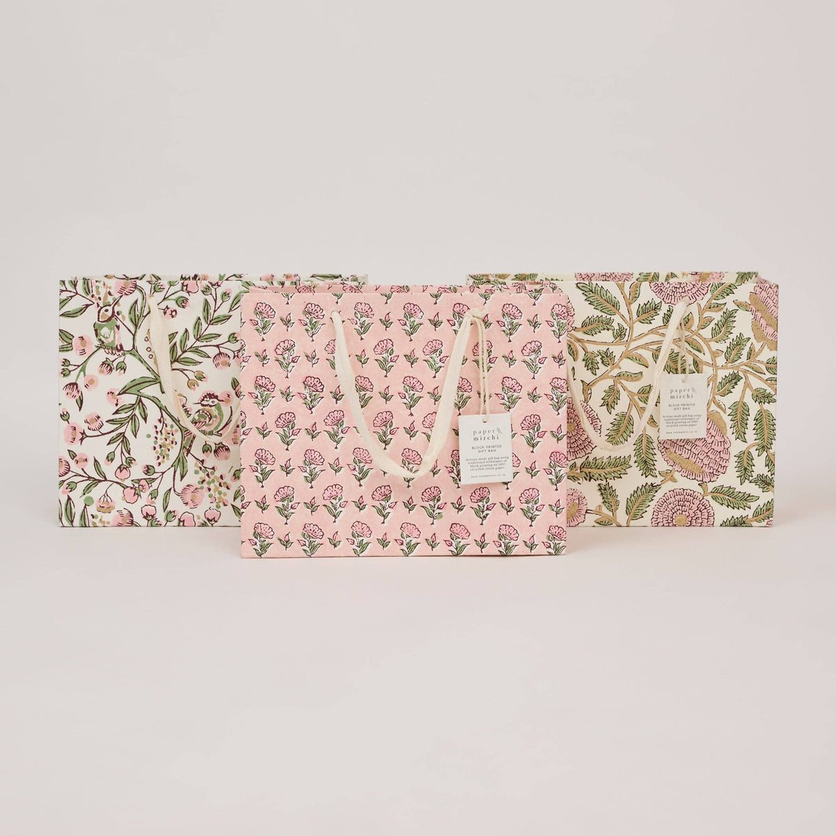 hand block print gift bags medium blush recycled cotton paper Paper Mirchi India