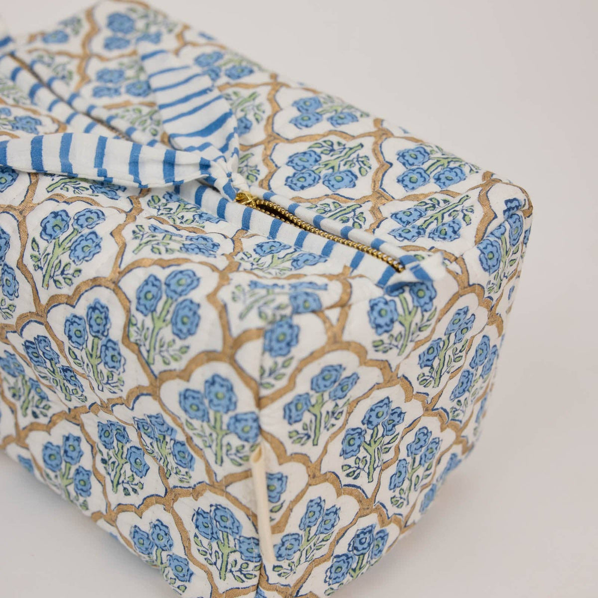 hand block print quilted toiletry bag large trellis indigo organic cotton India