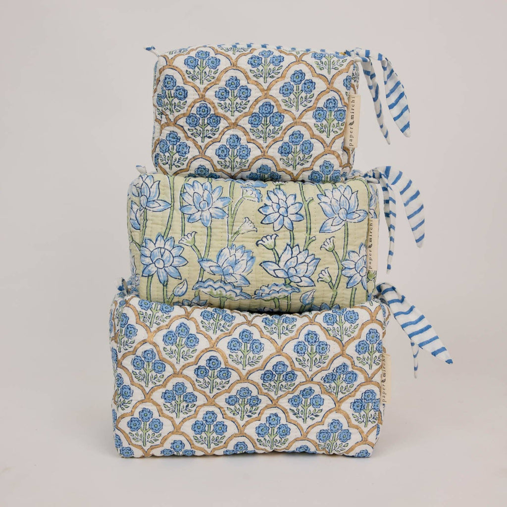hand block print quilted toiletry bag small trellis indigo organic cotton India