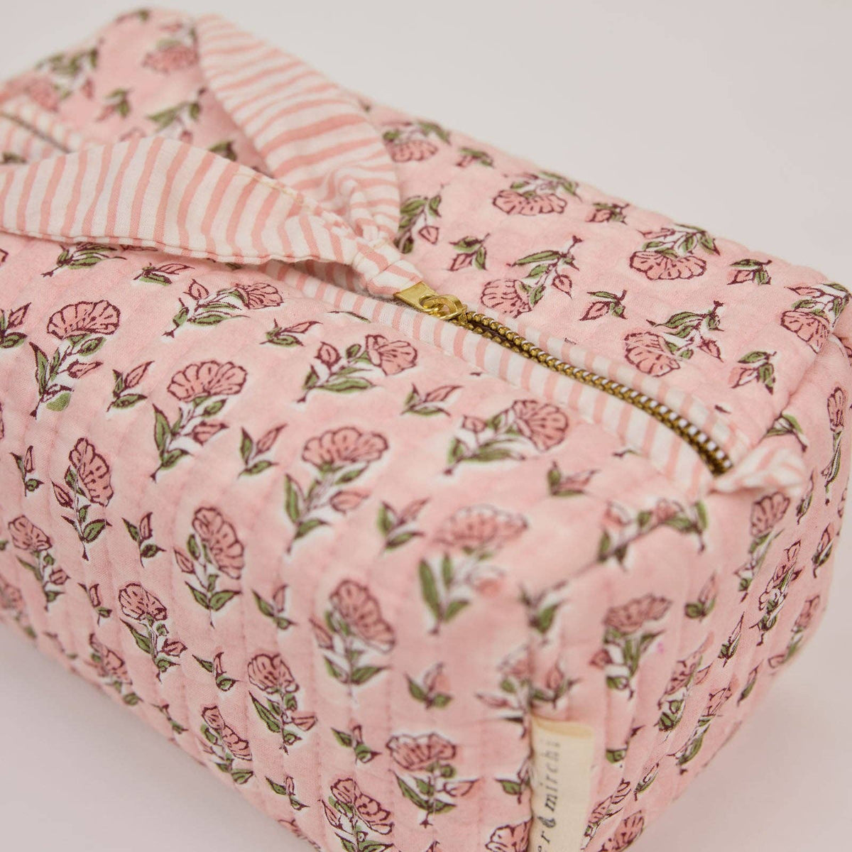 hand block print quilted toiletry bag medium ditsy floral blush organic cotton India