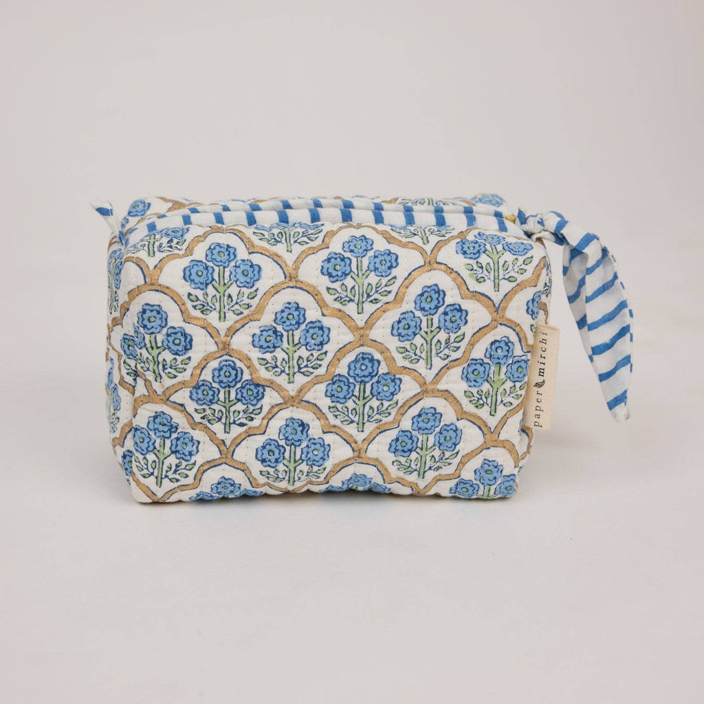 hand block print quilted toiletry bag small trellis indigo organic cotton India