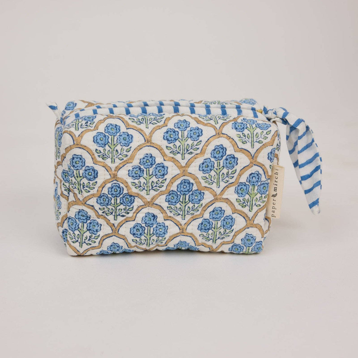 hand block print quilted toiletry bag small trellis indigo organic cotton India