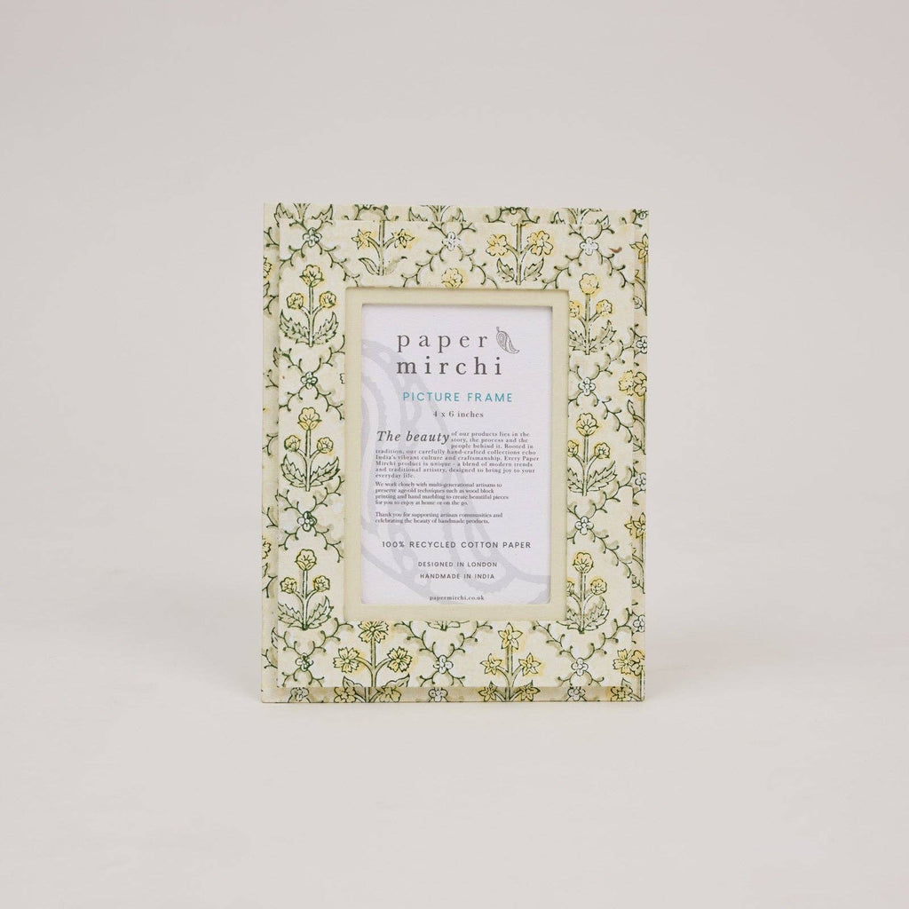 hand block print picture frame 4x6 floral lattice buttercream recycled cotton paper India