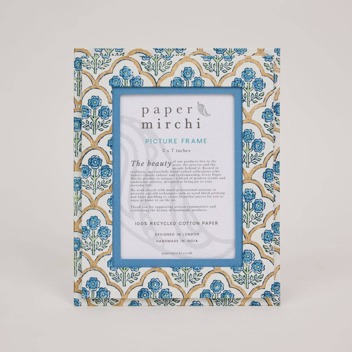 hand block print picture frame 5x7 trellis indigo recycled cotton paper India