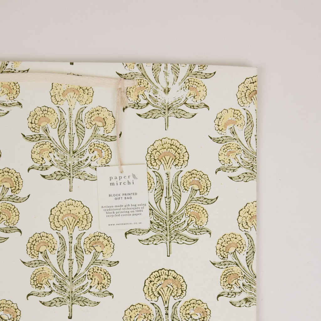 hand block print gift bags large buttercream recycled cotton paper Paper Mirchi India