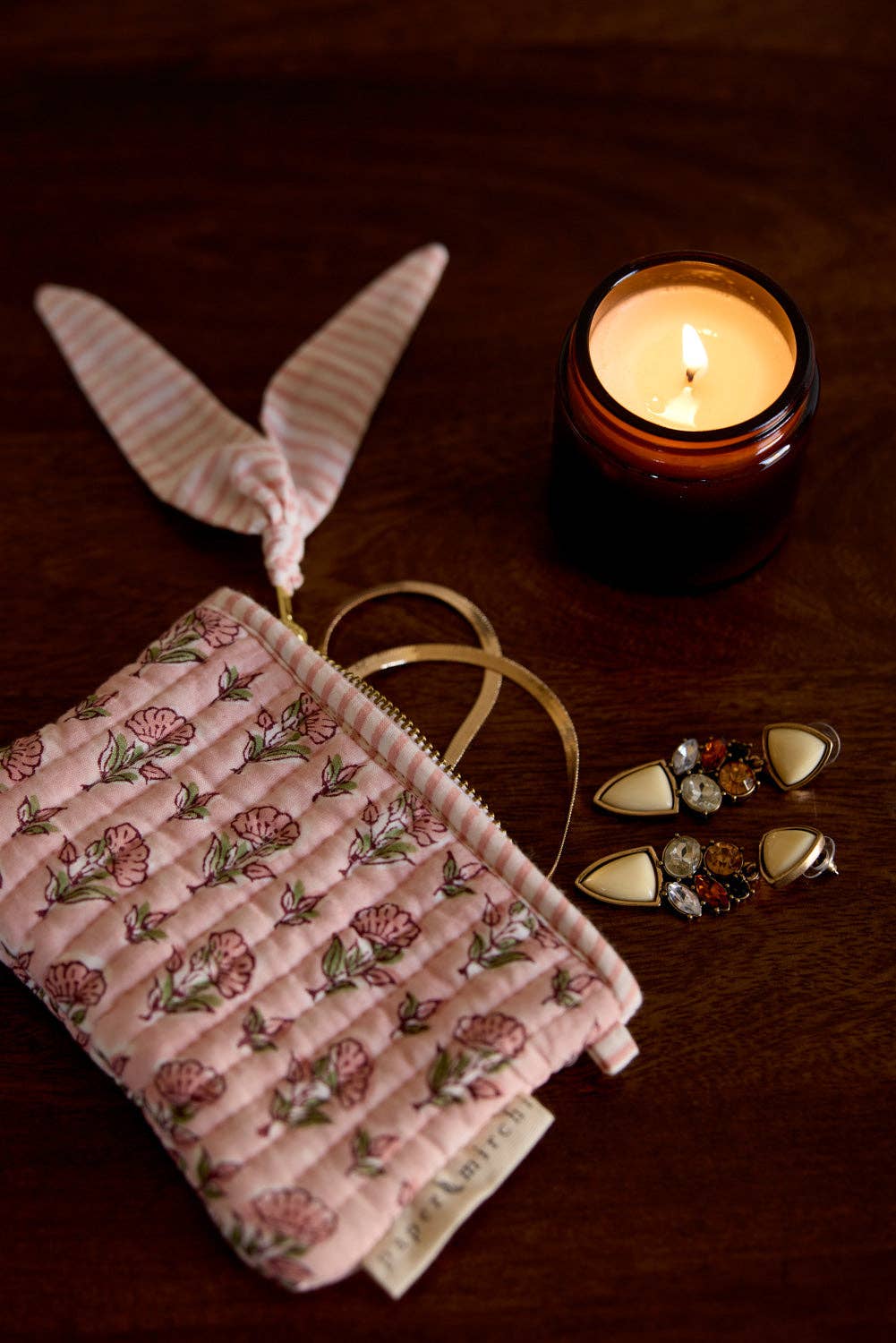hand block print zipped pouch set organic cotton floral blush India Paper Mirchi