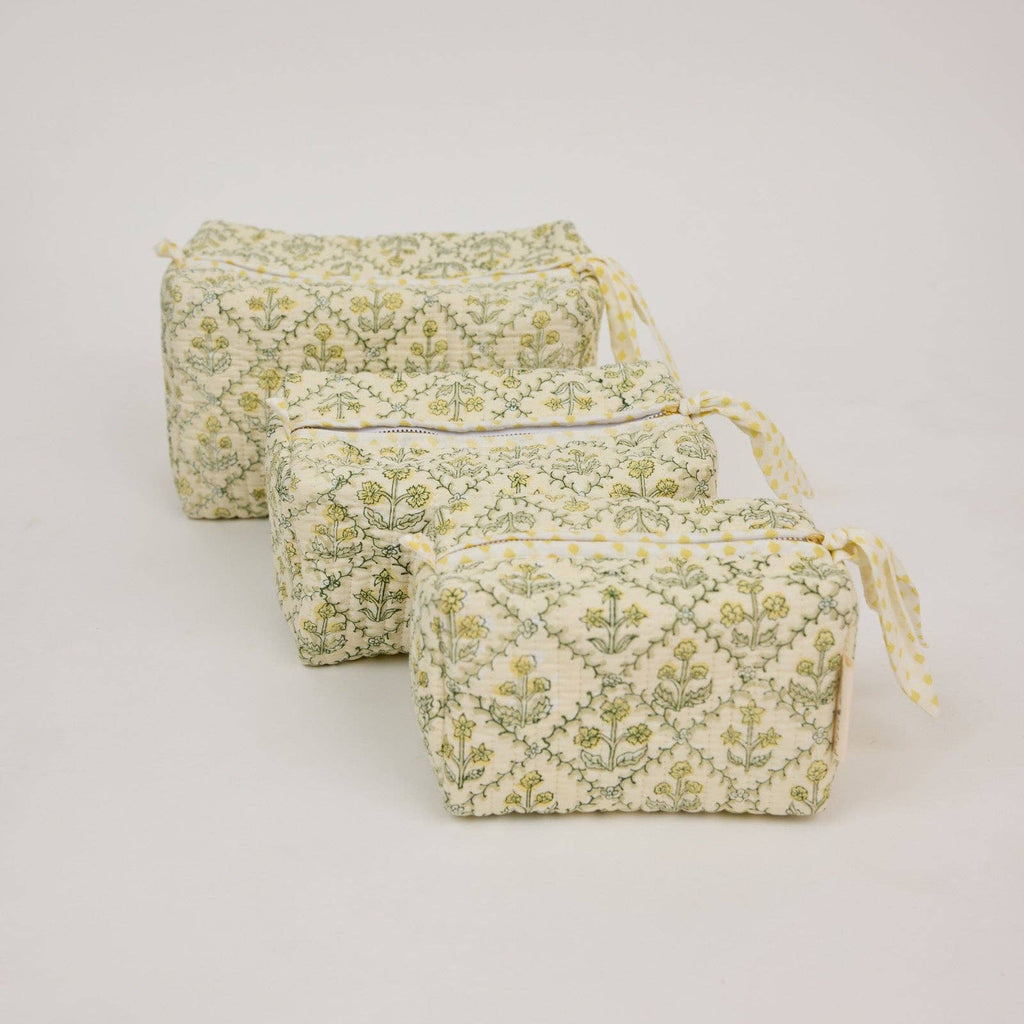 hand block print quilted toiletry bag large floral lattice buttercream organic cotton
